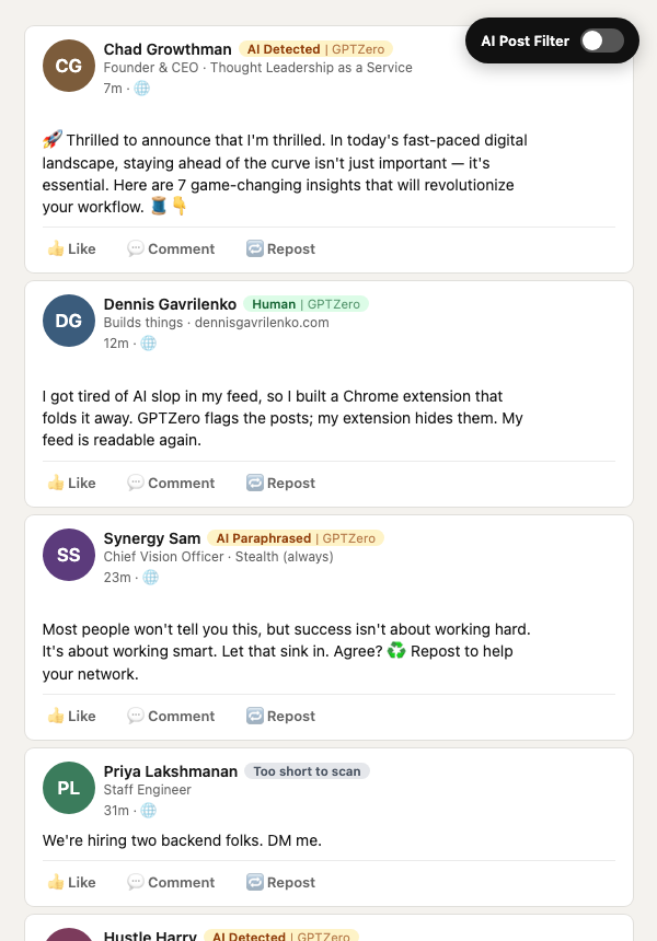A LinkedIn-style feed where every post carries a GPTZero verdict badge such as AI Detected or Human