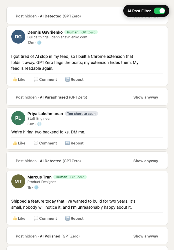The same feed with the filter on: AI-flagged posts are collapsed into one-line stubs with a Show anyway button
